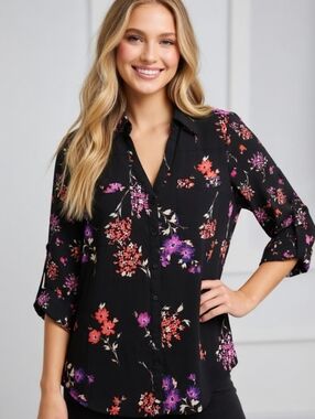 Express Black Button-Front Blouse with Pink & Purple Floral Print (Small)